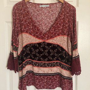 Maurices Size Large Boho Peasant Blouse Floral Shirt Top Red Pink Western V-Neck
